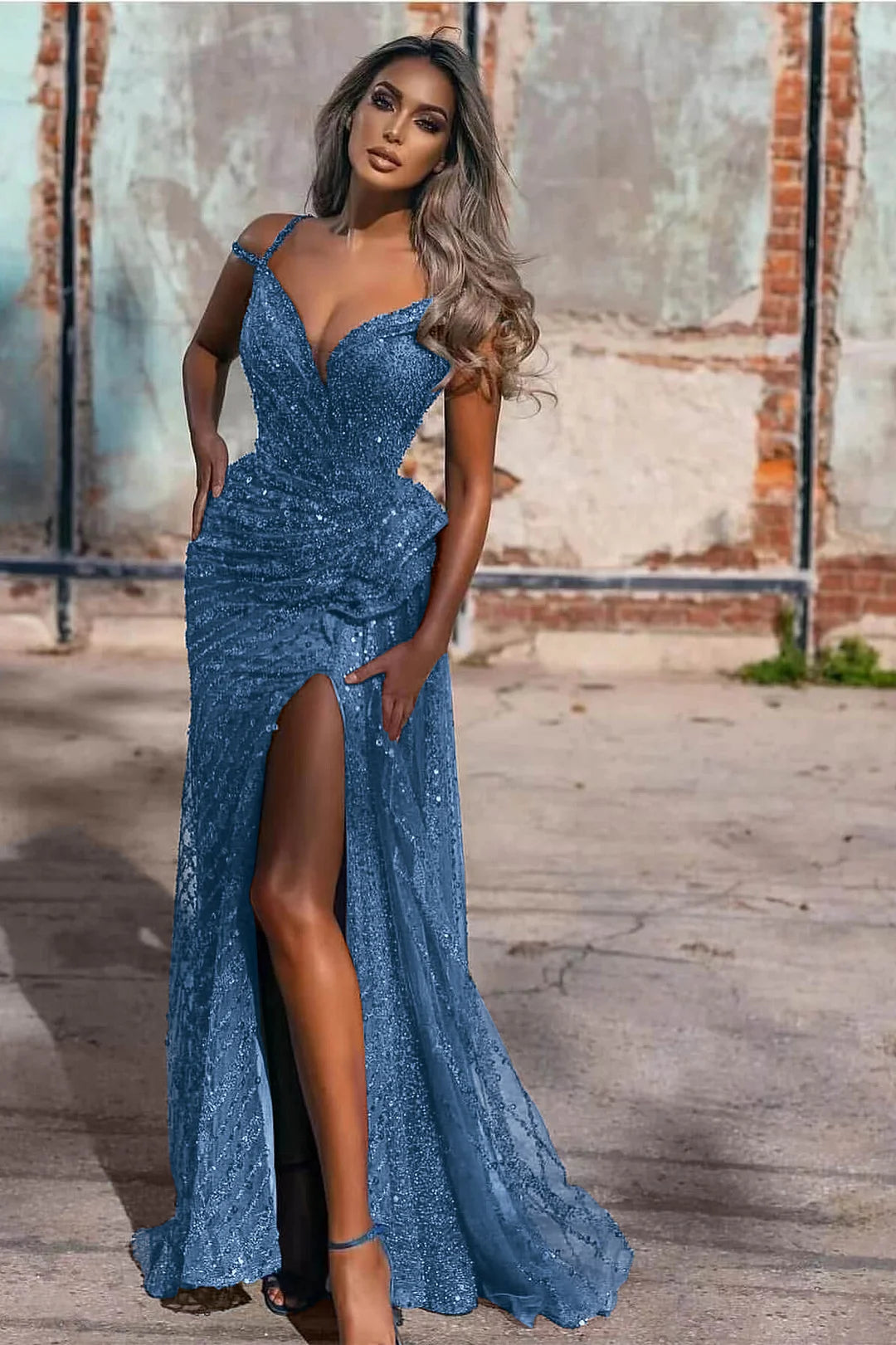 Off-The-Shoulder Sequins Evening Dress Split Mermaid