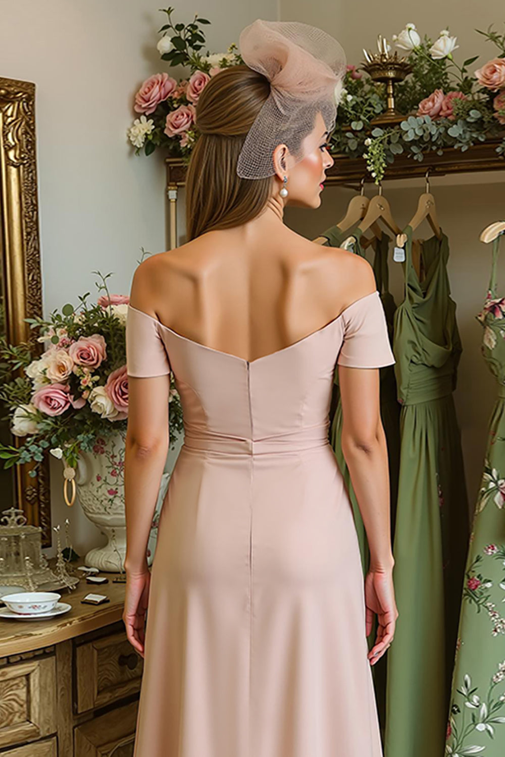 Dusty Rose Satin Ruched Off the Shoulder Midi Mother of the Bride Dress