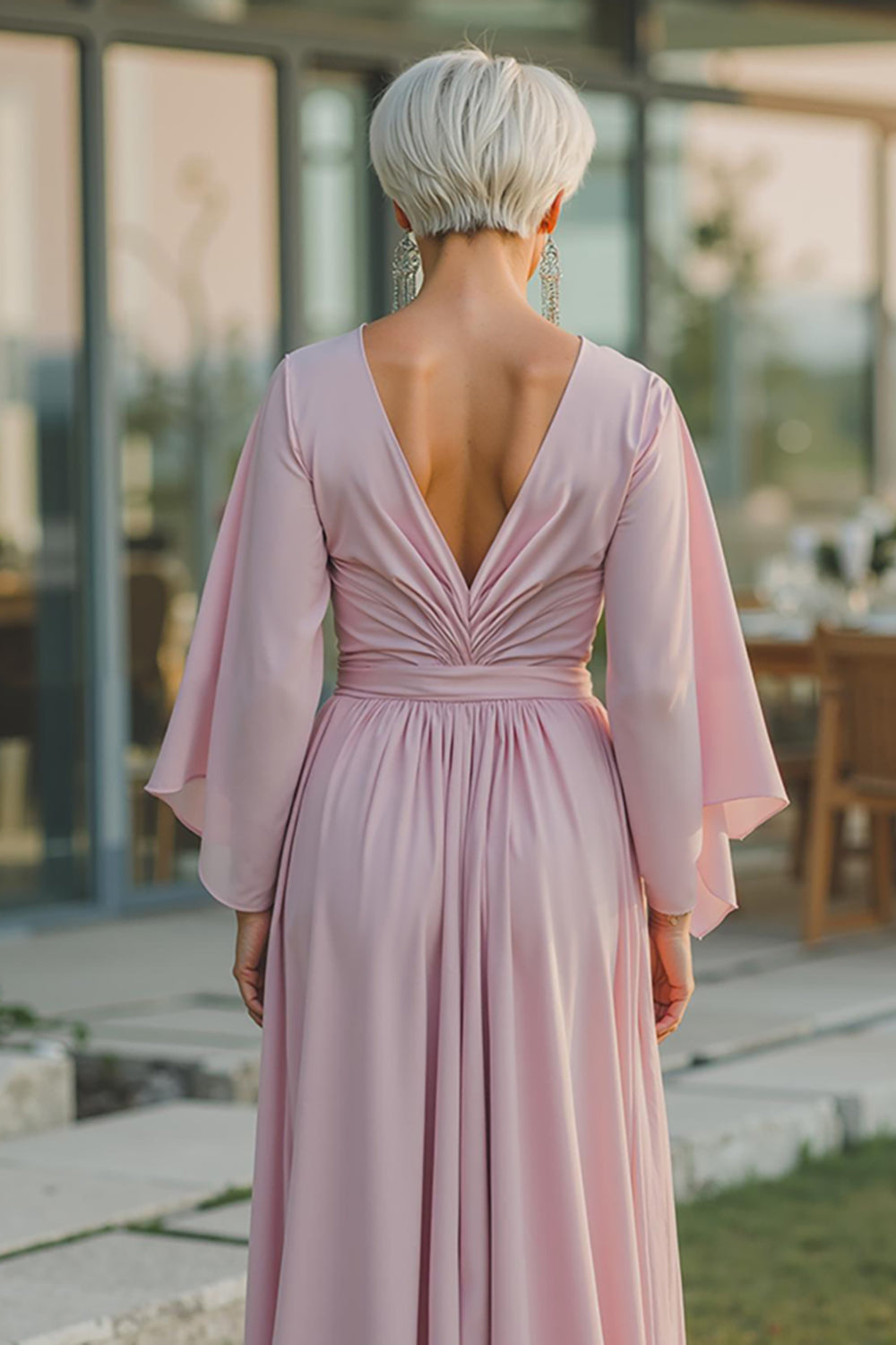 Dusty Rose V-Neck Flowy Long Mother of the Bride Dress with Sleeves