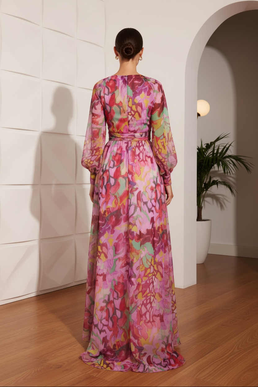 V-Neck Long Sleeves Floral Printed A-Line Mother of Bride Dress