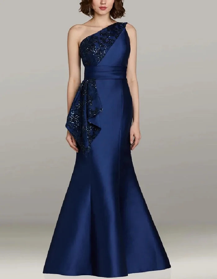 Elegant Navy Satin Mermaid Gown with One-Shoulder Sequin Appliqué