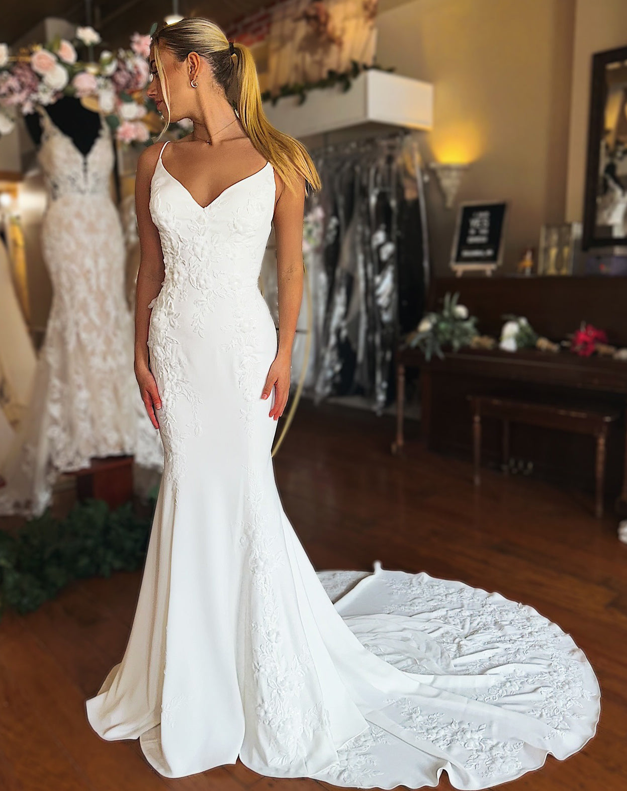 Mermaid Satin V Neck Beach Wedding Dresses Lace Appliqued Wedding Gowns for Bride