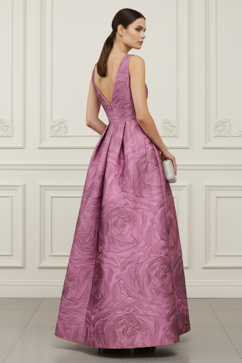 V-Neck Floral Printed A-Line Satin Mother of Bride Dress