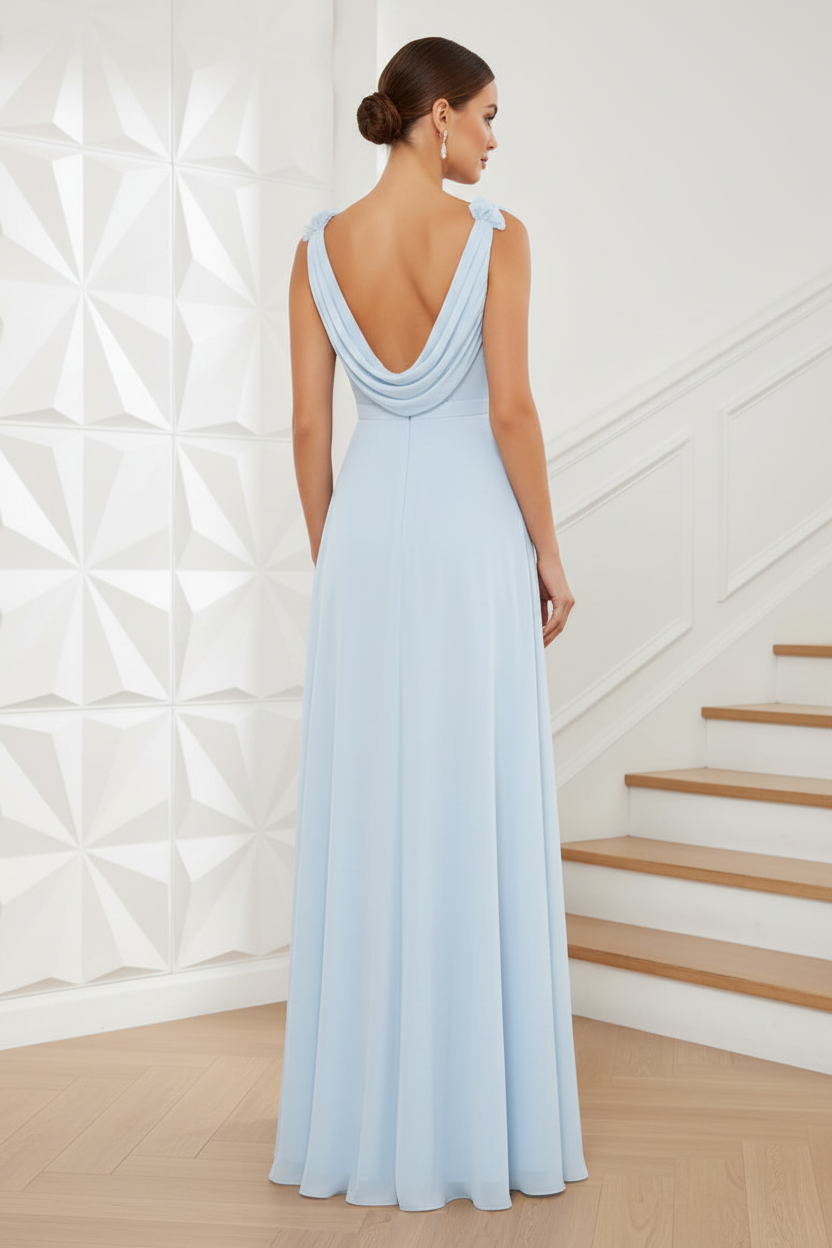 Wedding Guest Dress Blue Pleated Chiffon Sleeveless Dress