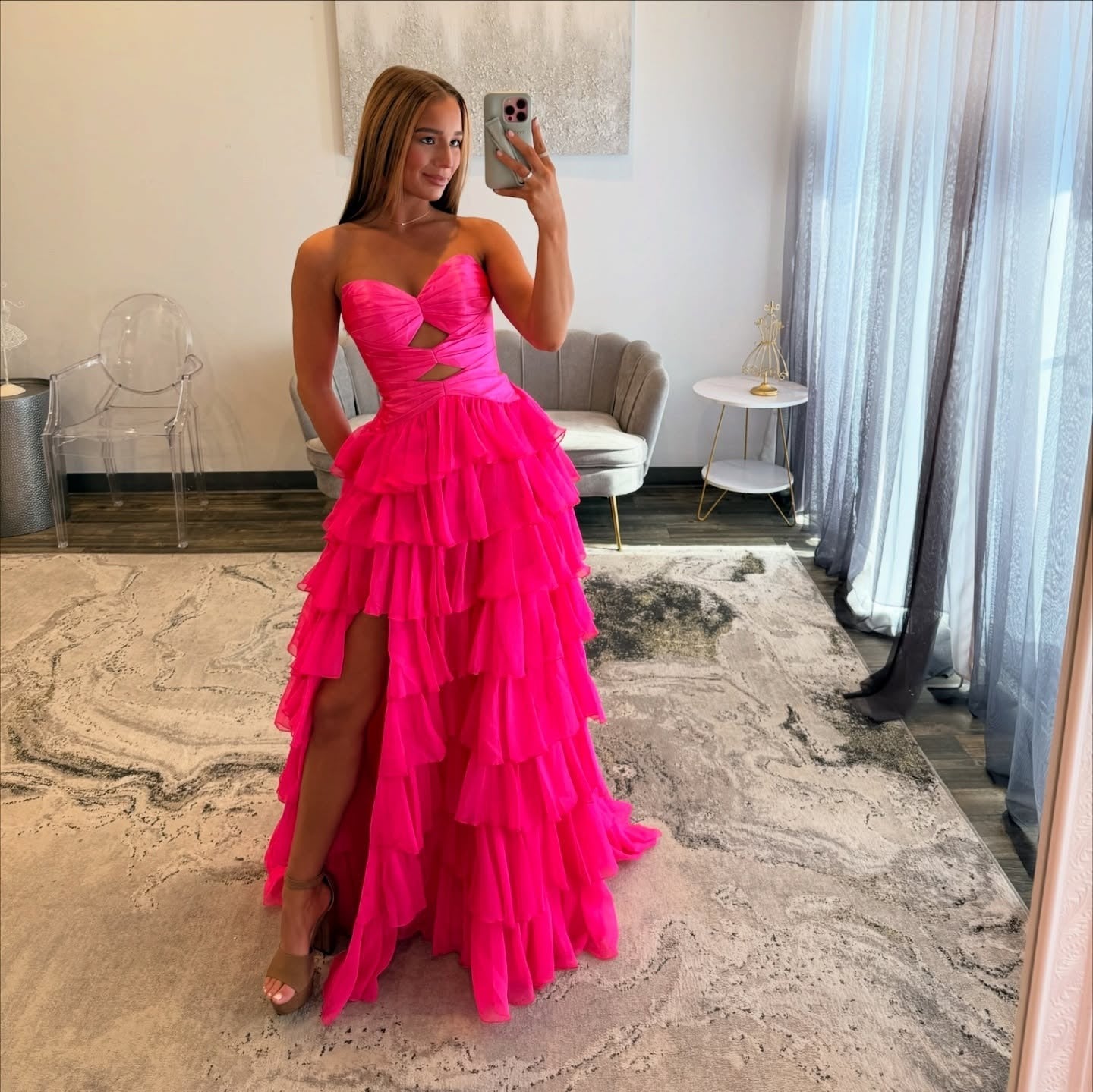 Sweetheart A Line Chiffon Ruffled Prom Dresses Strapless Keyhole Evening Gowns for Women