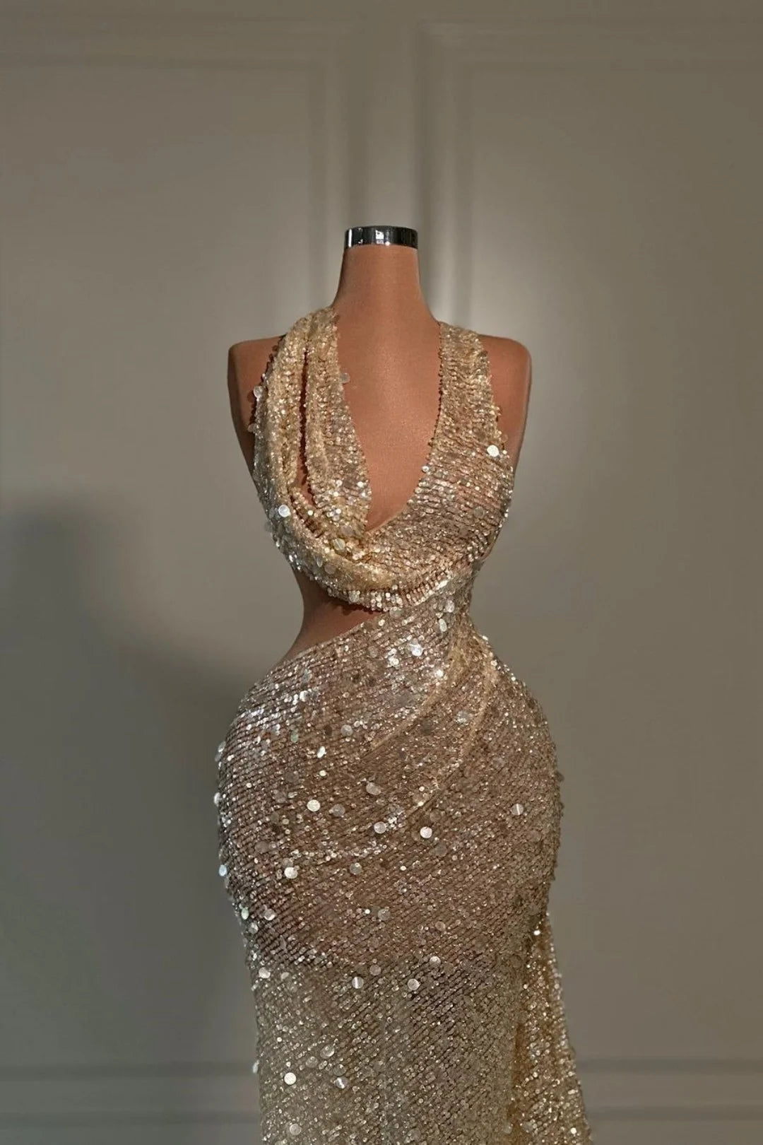 Sequins Evening Dress V Neck Sleeveless Hatler Sexy Long