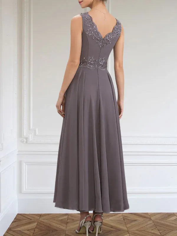 A-line V-Neck Ankle-Length Chiffon Mother of the Bride Dress With Sequins Appliques Lace Beading