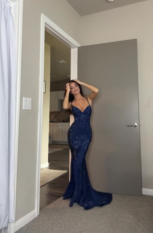 Sparkling Dark Blue Spaghetti-Straps Mermaid Sleeveless Split Prom Dress