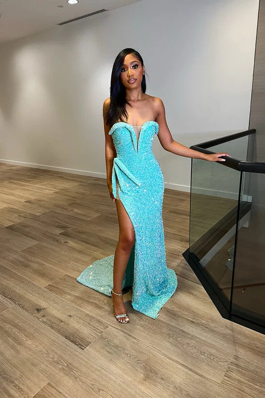 Evening Dress Sequins Baby Blue Slit Sleeveless Taping V Neck