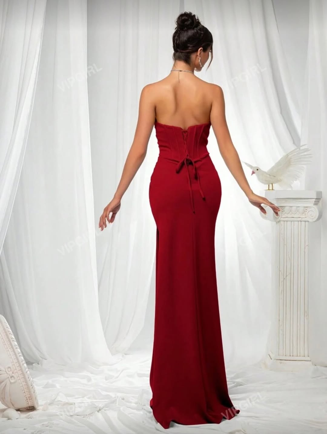 Simple Red Satin Strapless Sleeveless Long Mermaid Prom Dress With Split