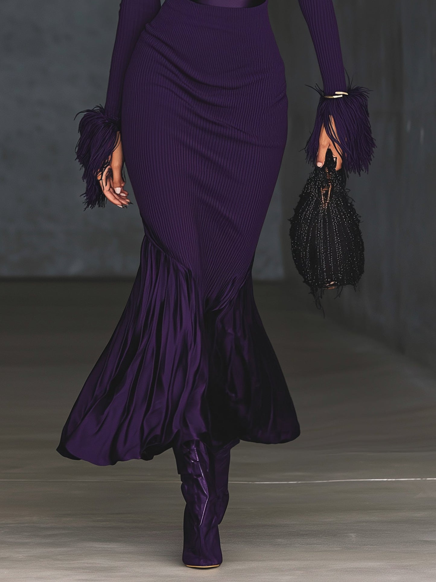 Purple Ribbed Knit Flared Long Sleeve Maxi Dress