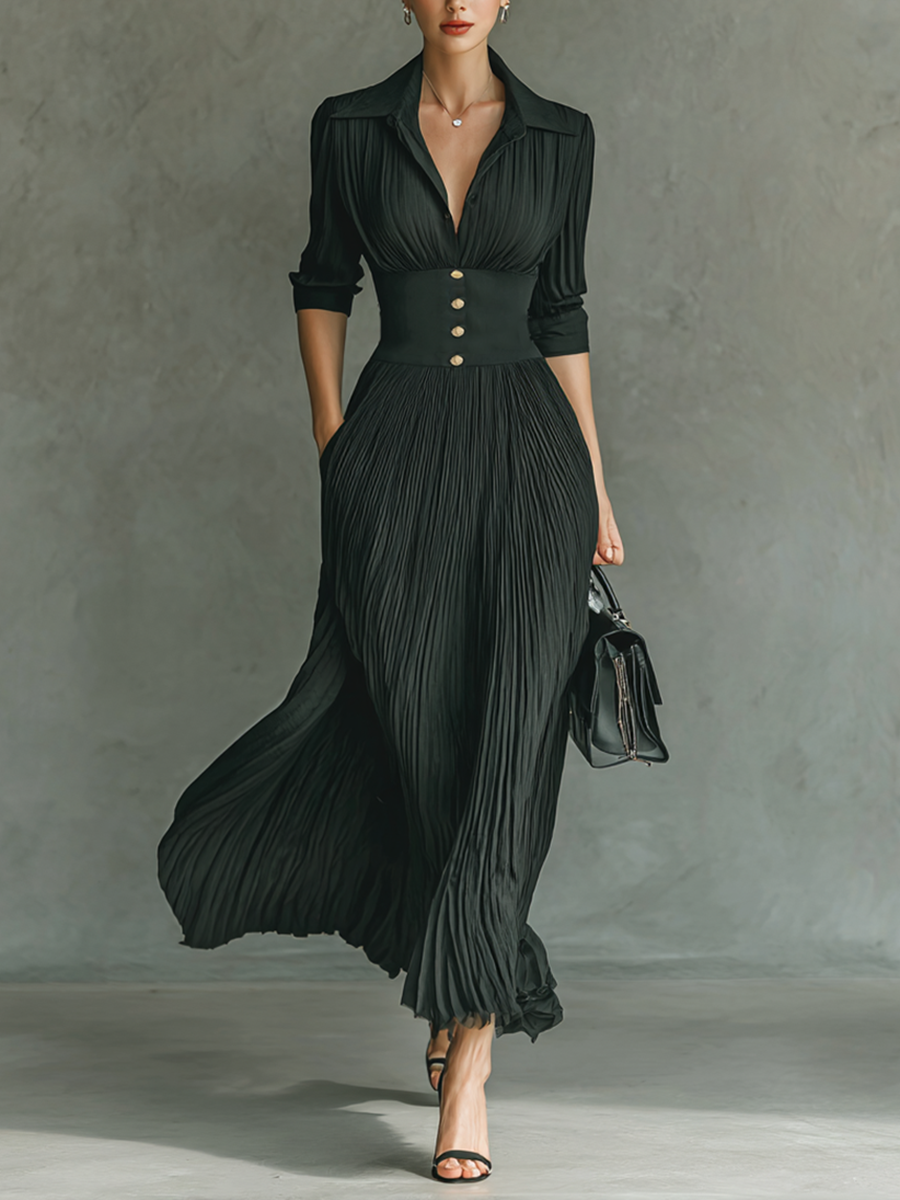 solid long sleeve maxi dress Women's Solid Color Pleated Lapel Waist Long Sleeve Maxi Dress – Liymc