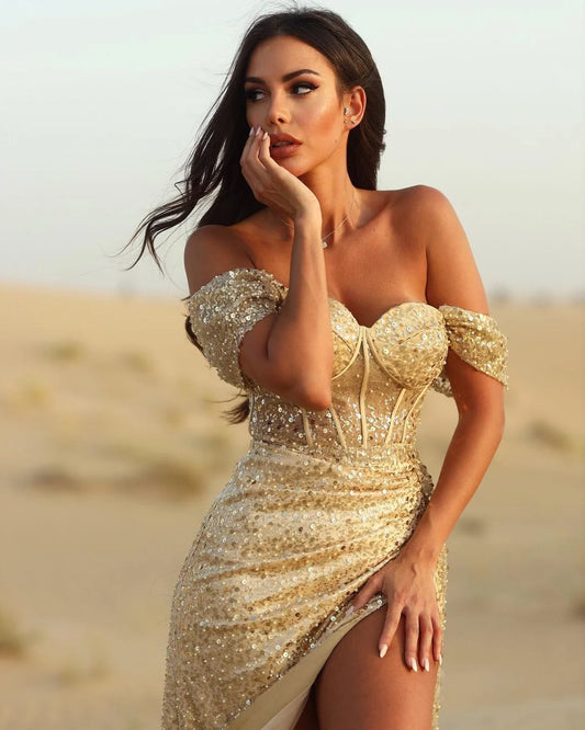 Sequins Off-the-shoulder Champagne Evening Dress Gown