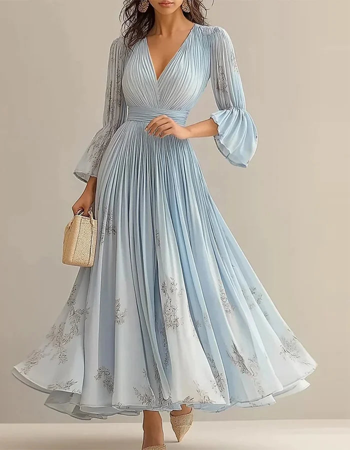 Graceful Light Blue Chiffon Dress with Pleated Bodice and Bell Sleeves