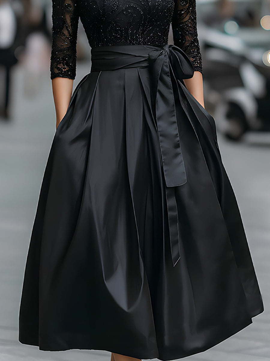 Elegant Black Lace Bodice Dress With Satin Pleated Skirt
