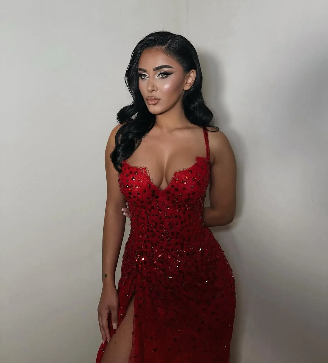 Romantic Red Rhinestone Spaghetti-Straps Split Prom Dress