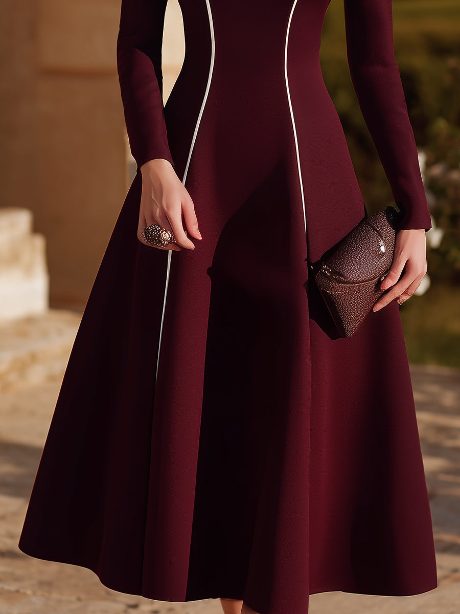 Burgundy Off-Shoulder Dress With White Piping