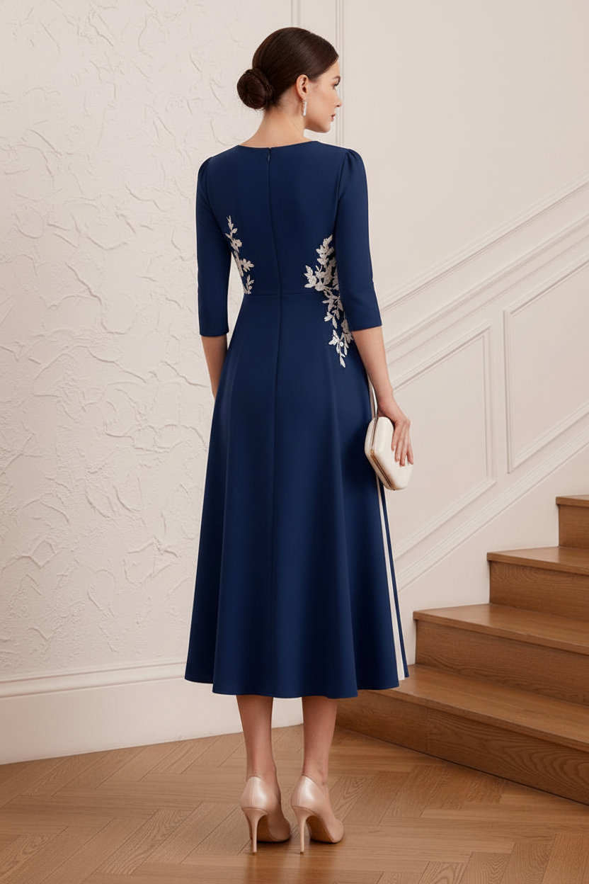 V-Neck Long Sleeves Appliques A-Line Mother of Bride Dress