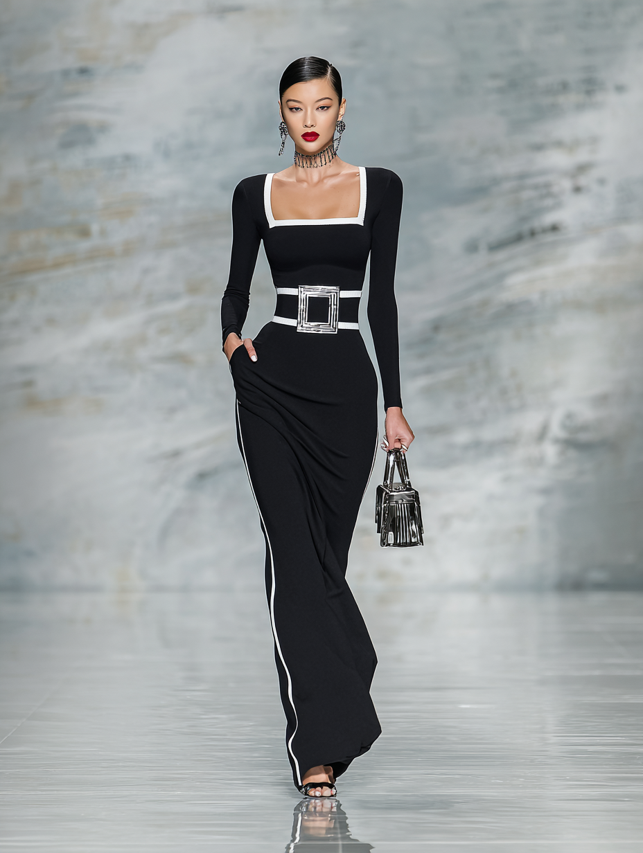 Women's Black And White Trim Square Neck Long Sleeve Tight Maxi Dress