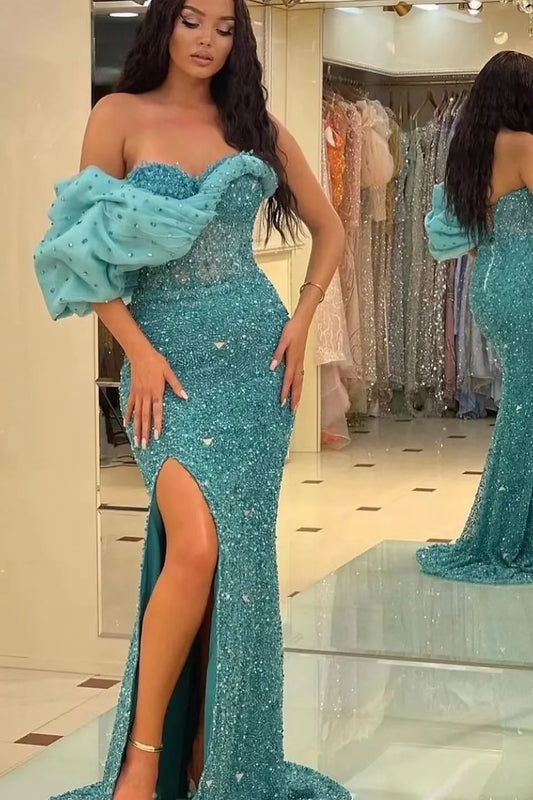 Gorgeous One Shoulder Sweetheart Mermaid Split Evening Dress With Sequins Off-The-Shoulder