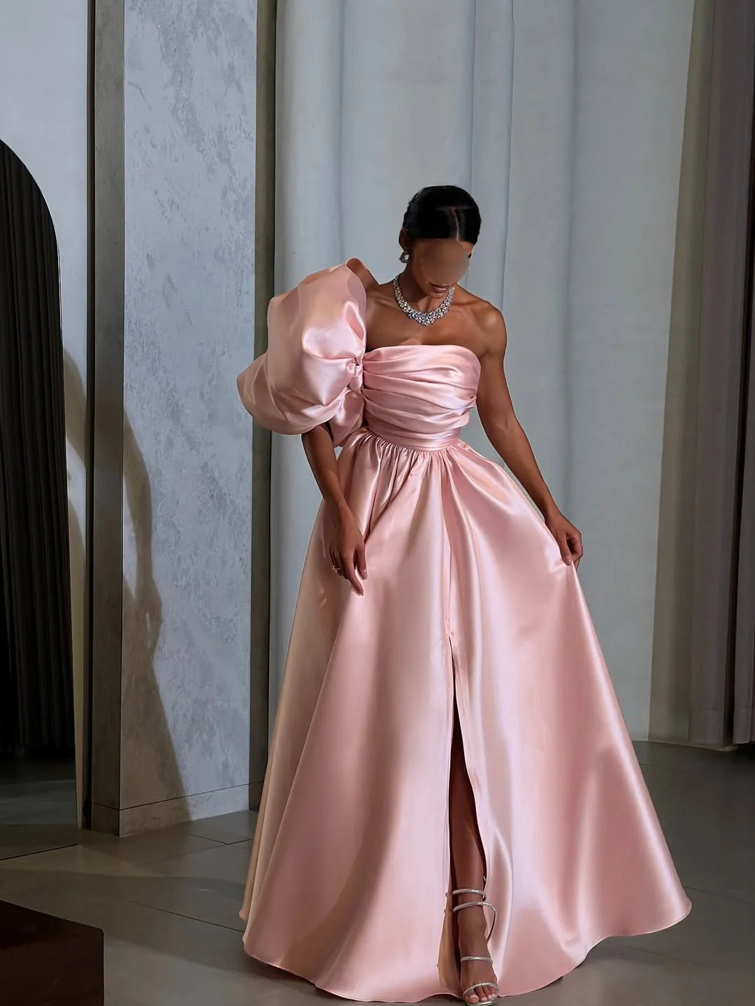 Gorgeous Pink Pleated One Shoulder Split Satin Prom Dress