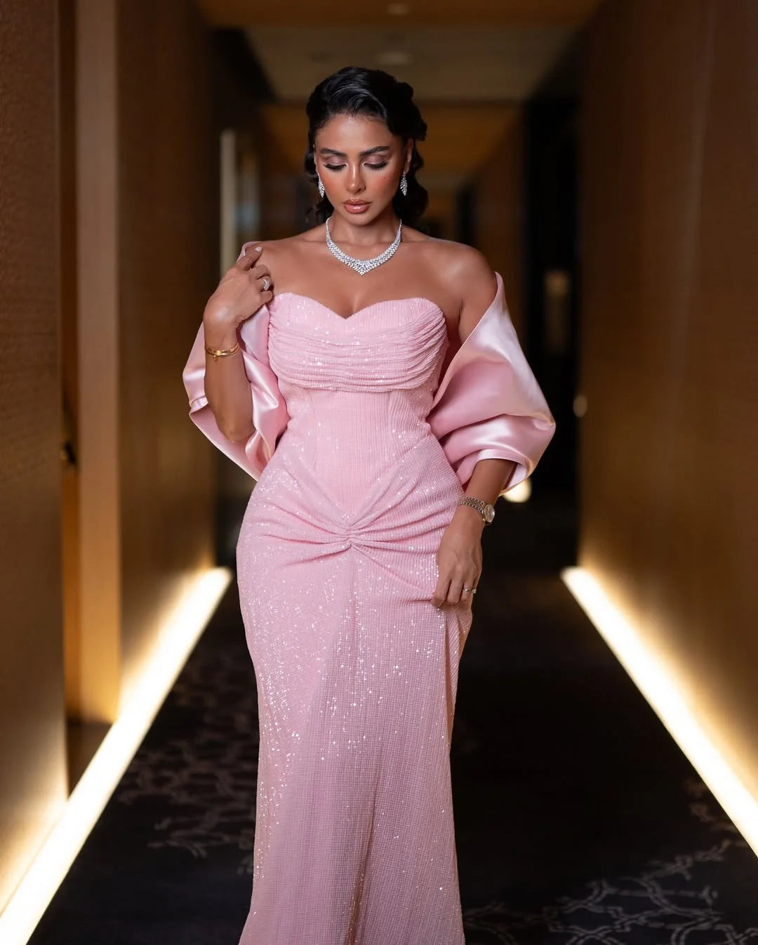 Gorgeous Pink Sweetheart Strapless Pleated Prom Dress With Shawl