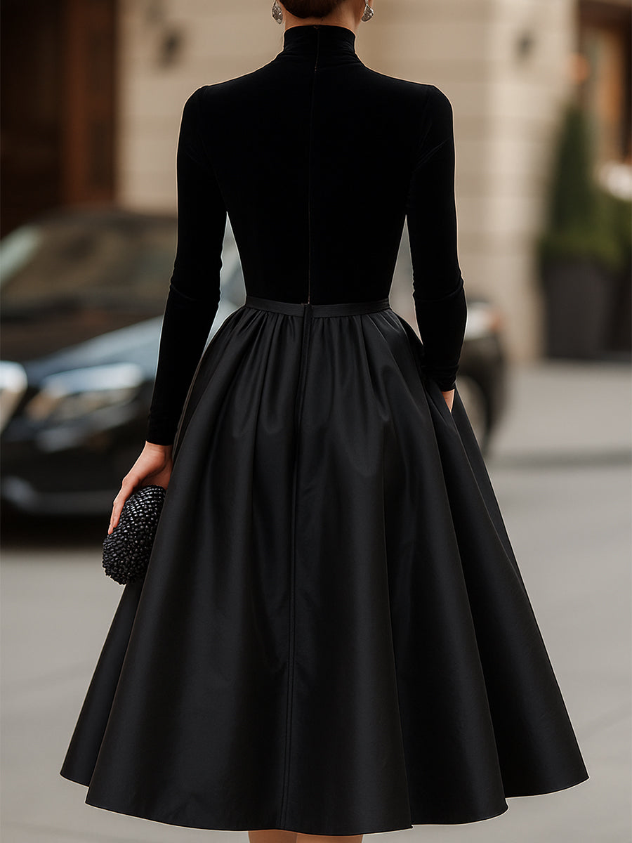 Elegant Black Velvet And Satin Midi Dress