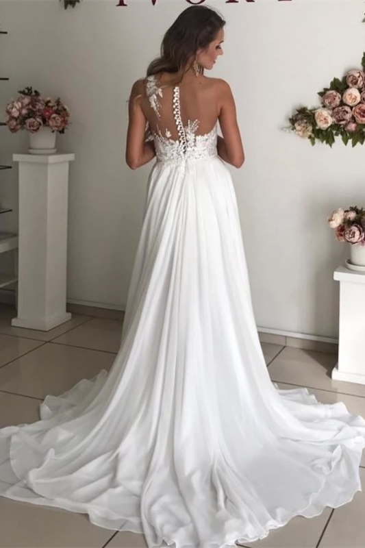 Chiffon Elegant Long Sleeveless Beach Wedding Dress With Appliques