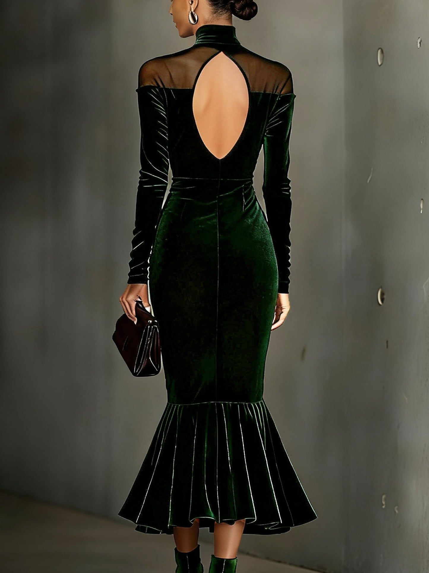 Green Velvet Backless Fishtail Bodycon Dress With Silver Buttons