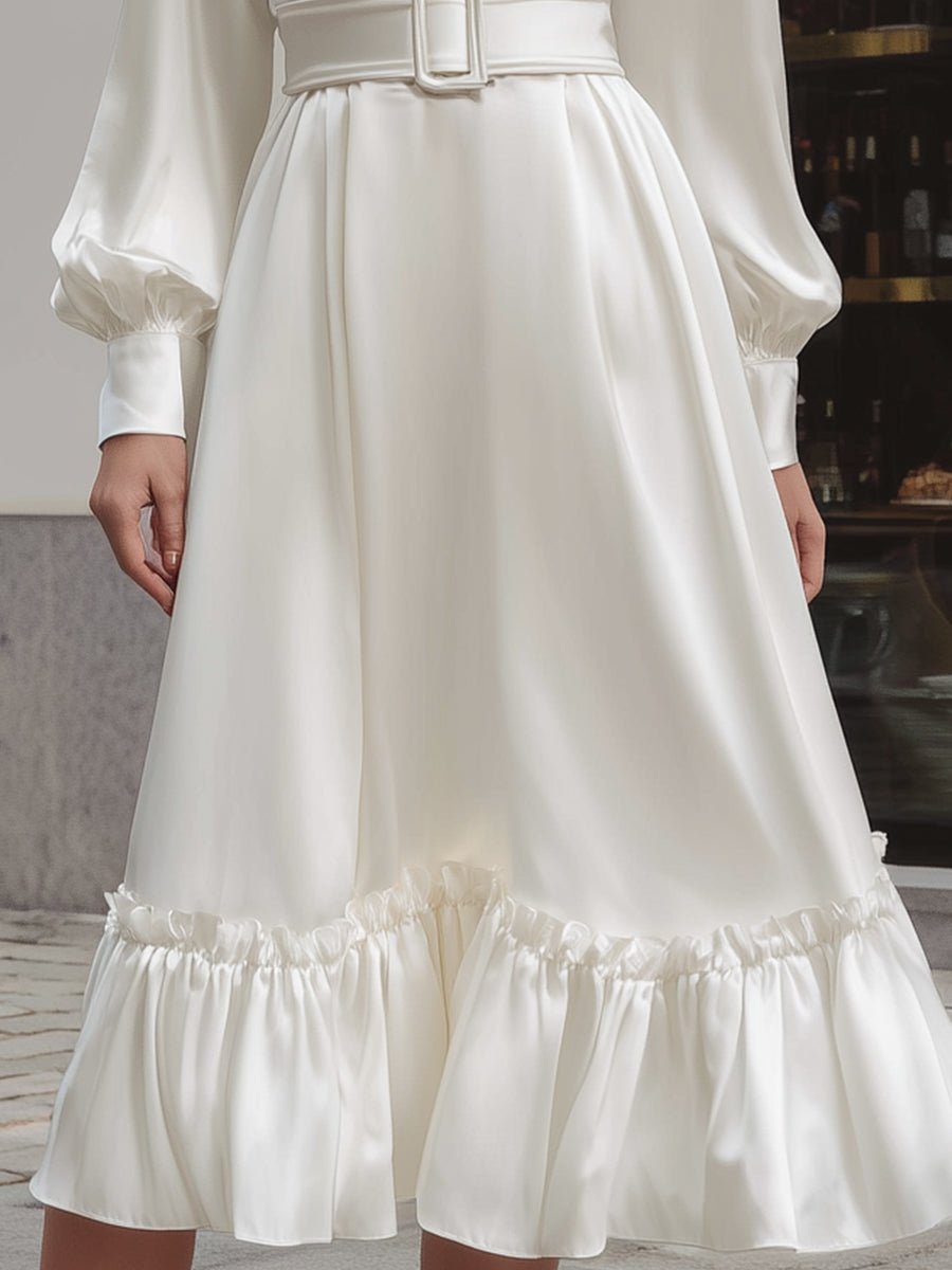 Ivory Satin Belted Midi Dress With Ruffled Hem