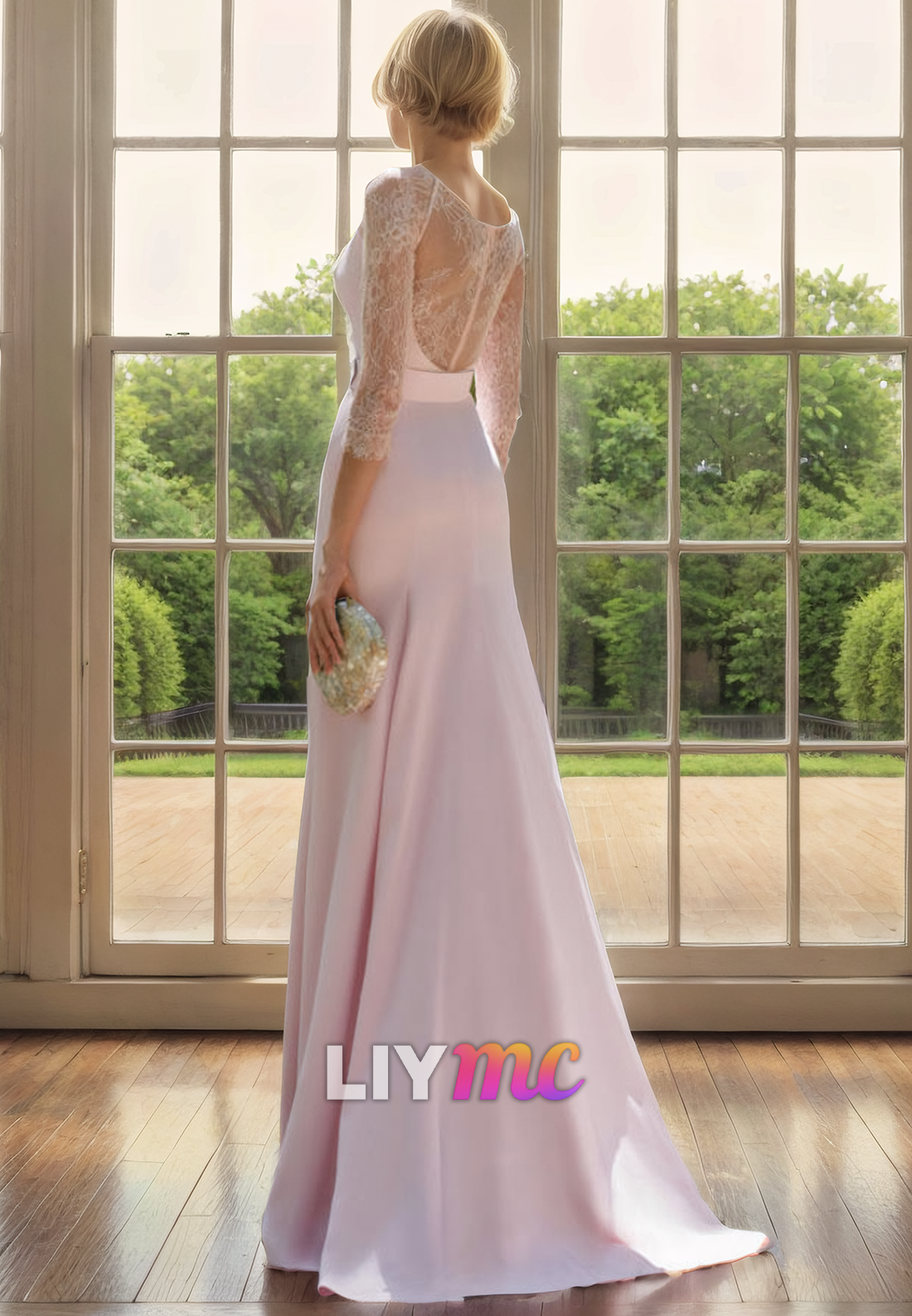 M1116 - Bateau Half Sleeves Appliques Sleek Satin Mother of Bride Wedding Guest Dress