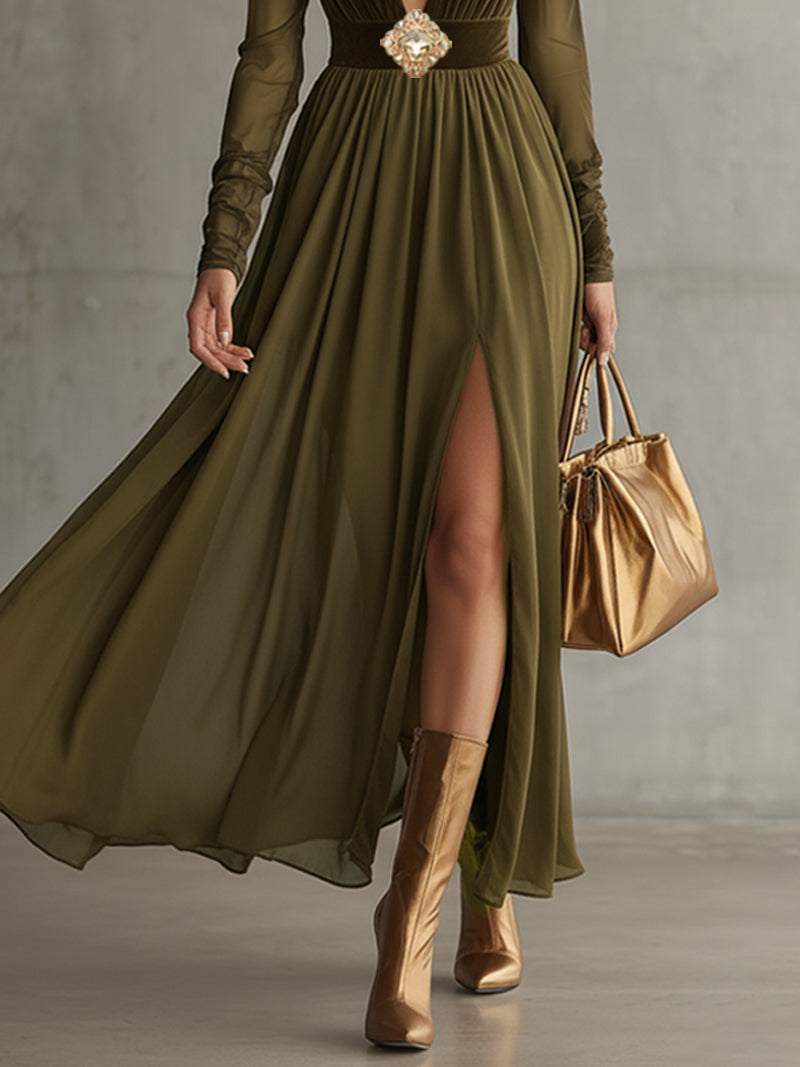 Olive Velvet Chiffon Slit Long Sleeve Maxi Dress