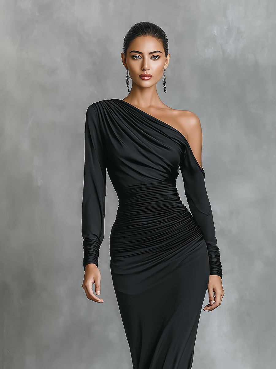 Women's Black Elegant Satin One - Shoulder Ruched Mermaid Maxi Dress