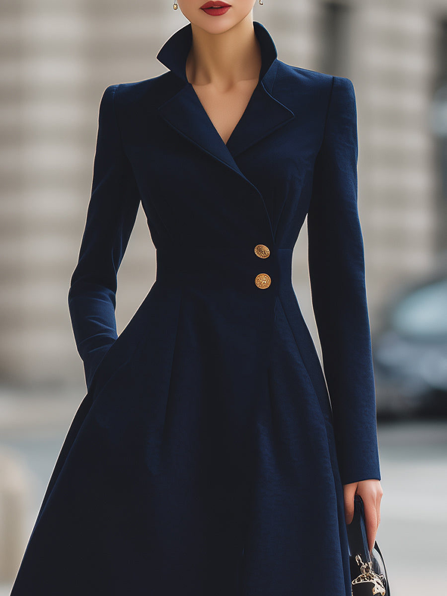 Elegant Navy Blue Tailored Fit Flared Coat Dress