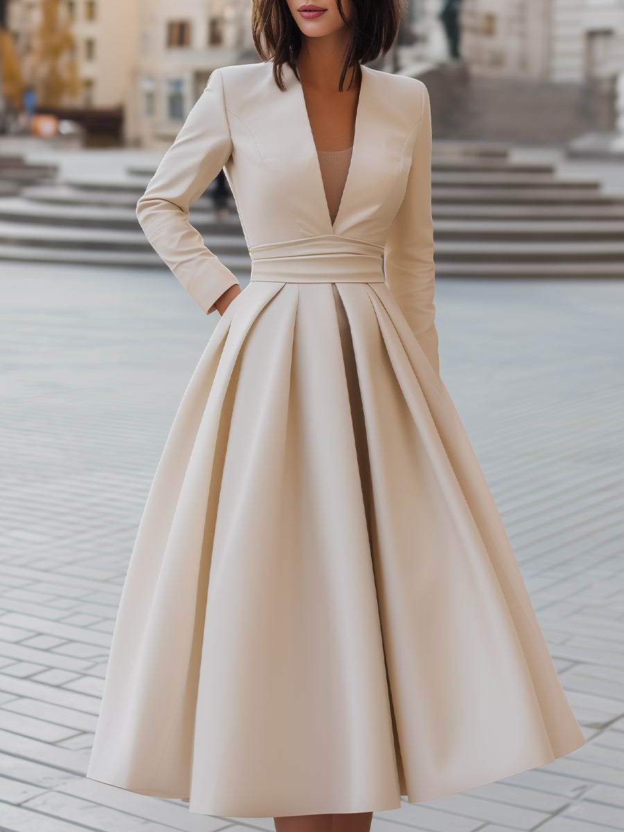 V Neckline Pleated Fit-and-Flare Midi Dress