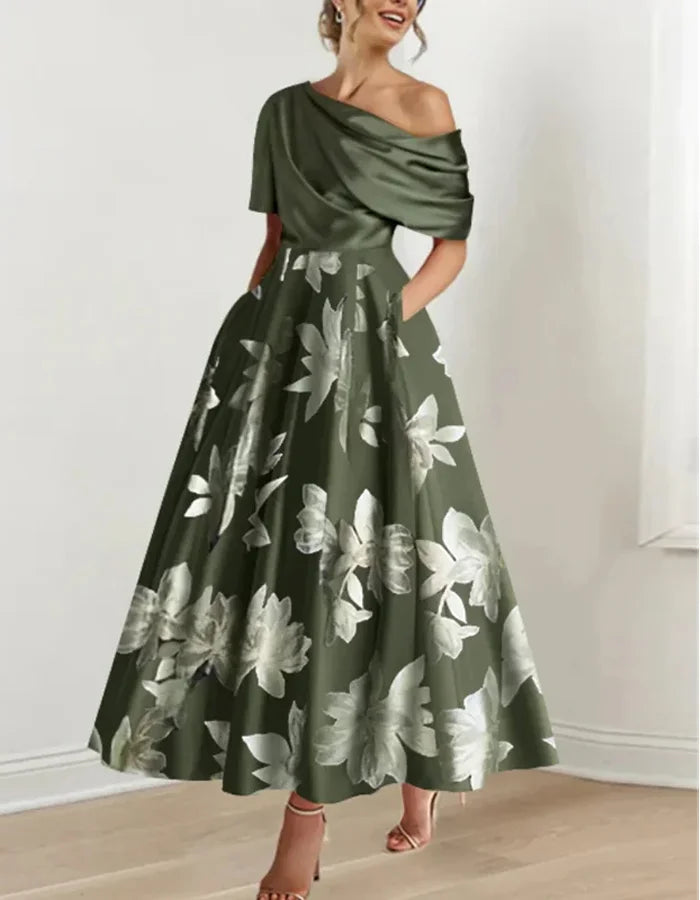 Retro Off-shoulder Solid Color Print Stitching Midi Dress