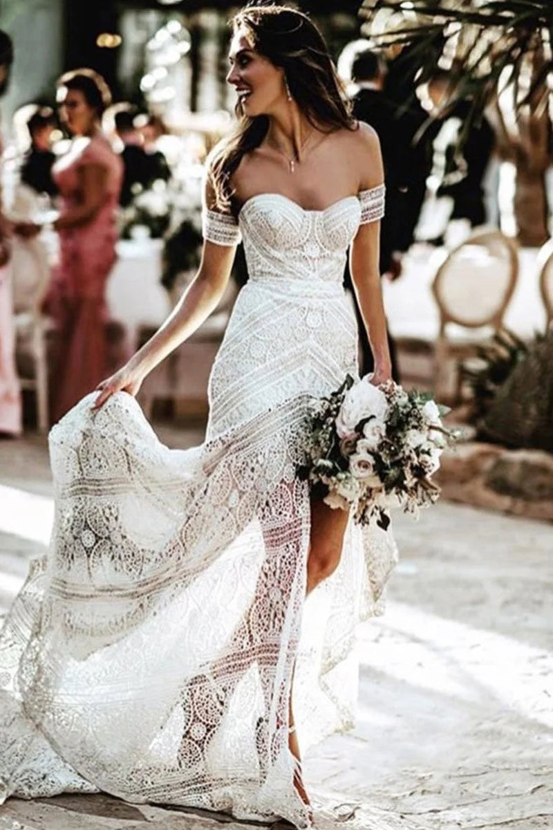 Boho Lace Mermaid Wedding Off-the-Shoulder Dress