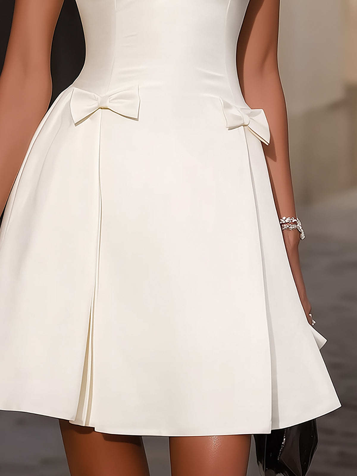 Cream Satin A Line Dress With Mesh Sleeves