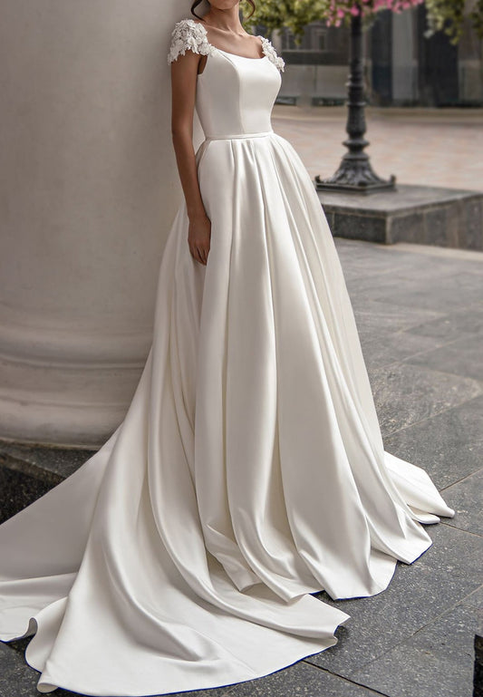 Square Cap Sleeves Pleated Satin A-Line Wedding Dress