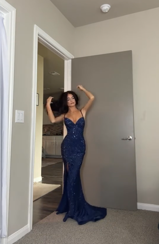 Sparkling Dark Blue Spaghetti-Straps Mermaid Sleeveless Split Prom Dress