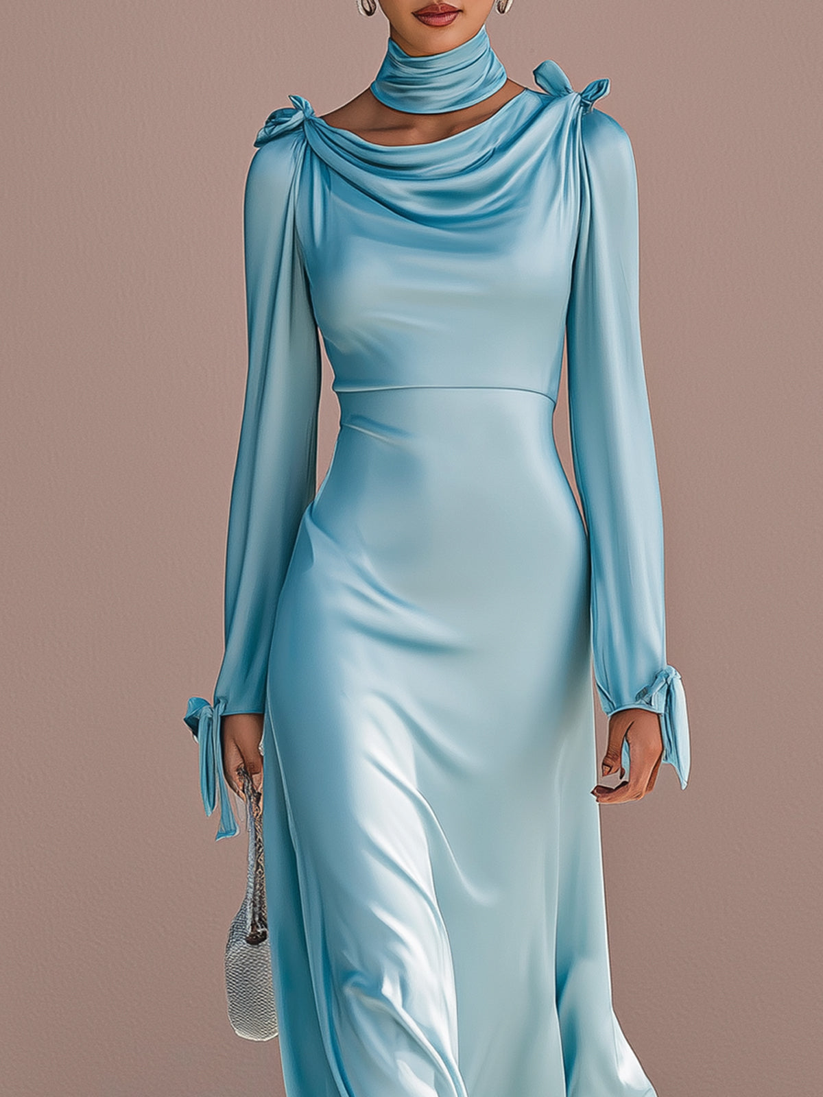 Ice Blue Satin Collar And Flowing Ribbon Long Dress