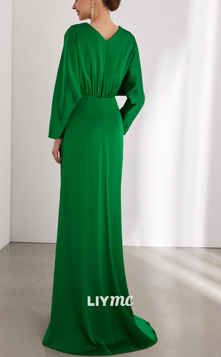 M1306 - V-Neck Long Sleeves Ruched High Slit Sleek Satin Mother of Bride Dress Cocktail Dress