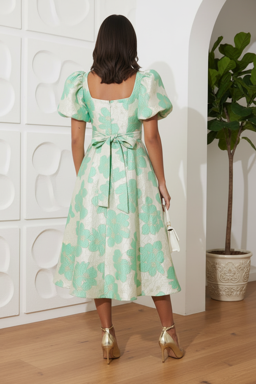 Sweetheart Printed Puff Sleeves A-Line Wedding Guest Dress