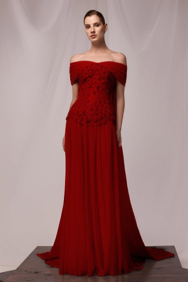 Chiffon Off-The-Shoulder Sleeveless Pleated Long Prom Dress With Applique