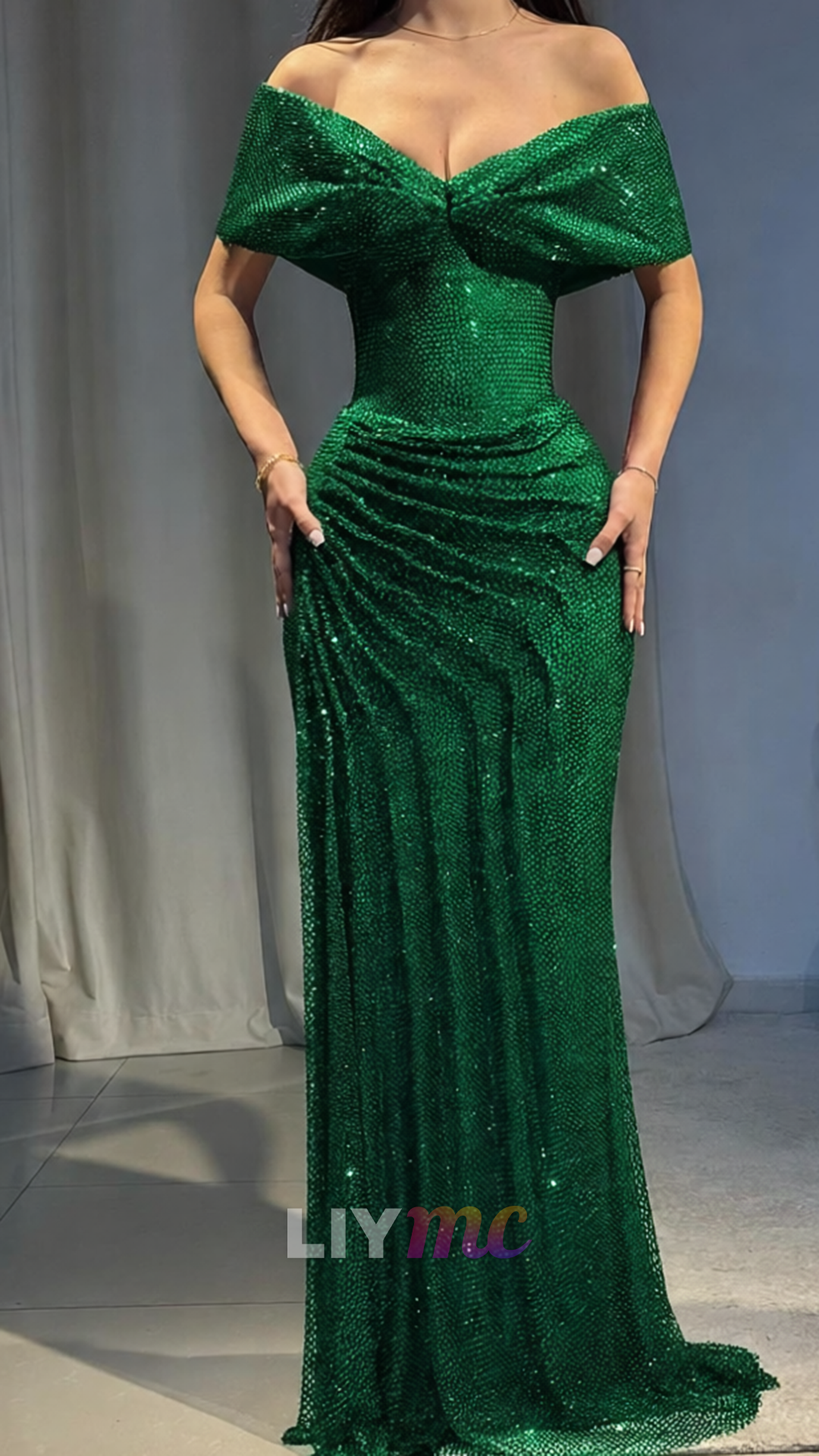 Off-Shoulder Strapless Pleated Sparkly Mermaid Prom Dress