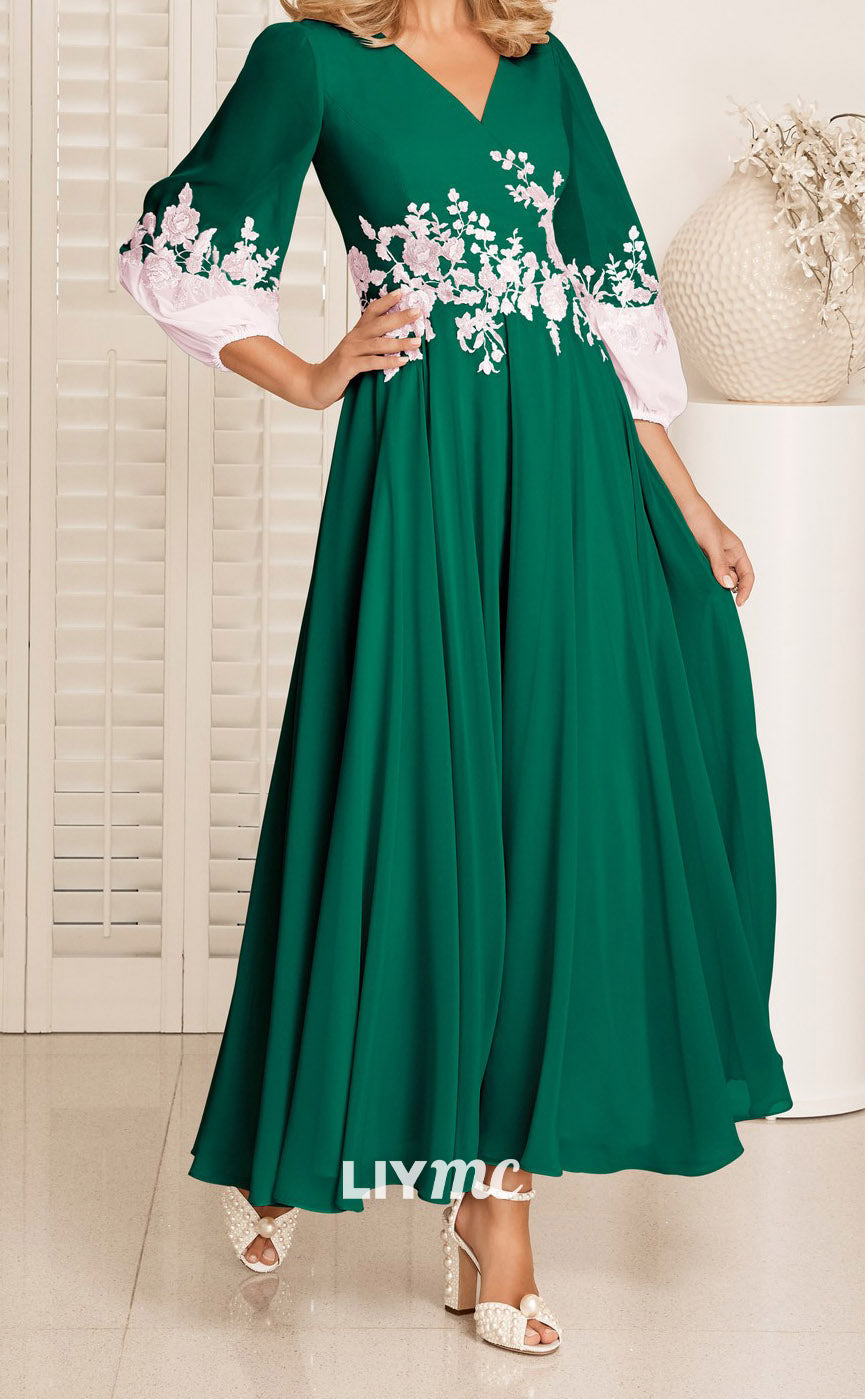 M1154 - V-Neck Long Sleeves Appliques A-Line Motther of Bride Wedding Guest Dress