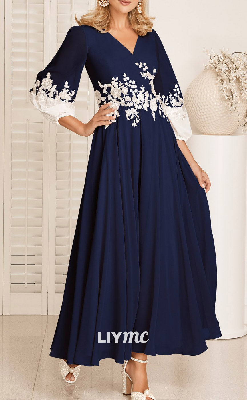 M1154 - V-Neck Long Sleeves Appliques A-Line Motther of Bride Wedding Guest Dress