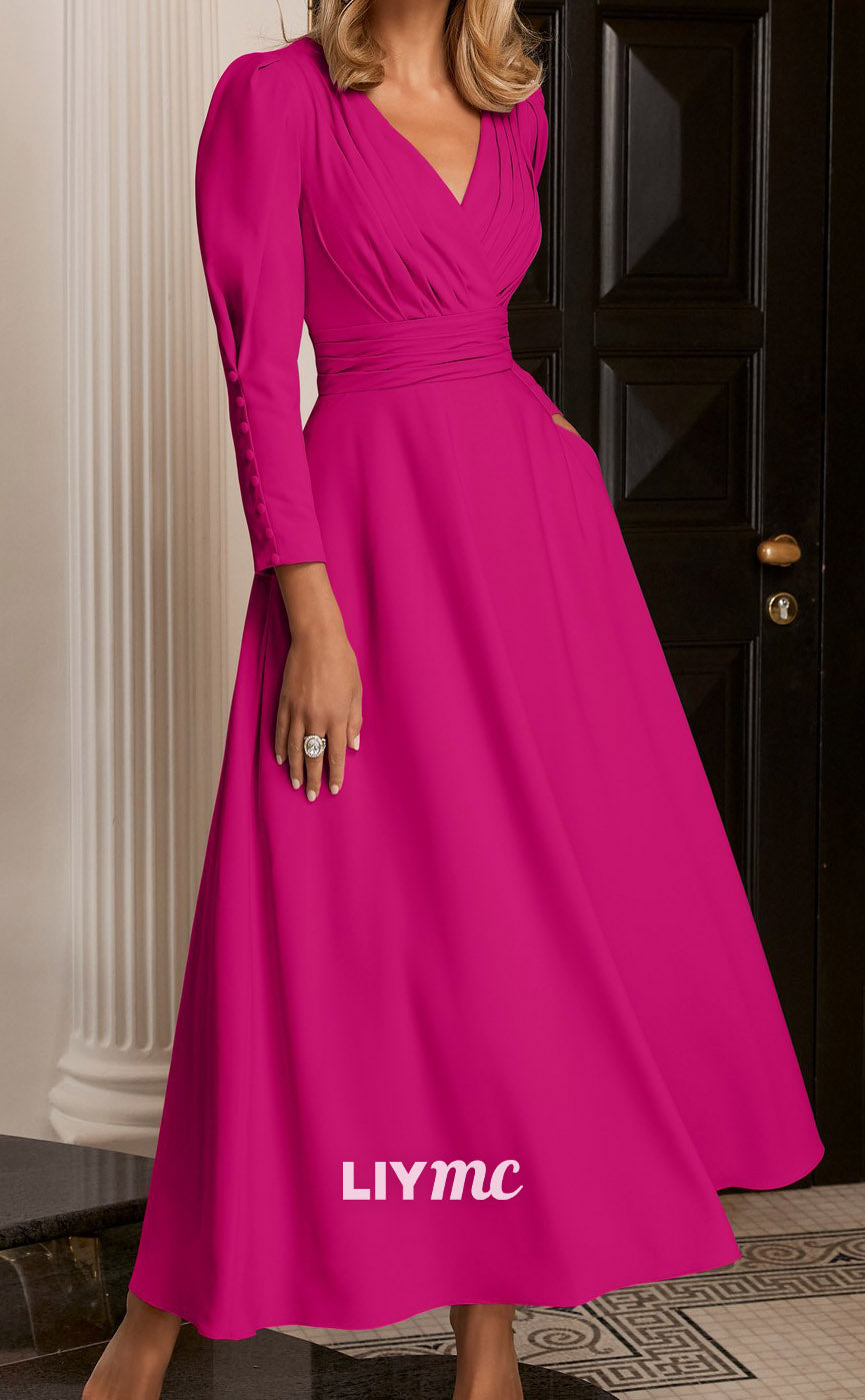 M1153 - V-Neck Long Sleeves Pleated A-Line Floor-Length Mother of Bride Wedding Guest Dress