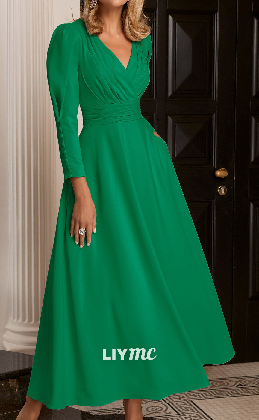 M1153 - V-Neck Long Sleeves Pleated A-Line Floor-Length Mother of Bride Wedding Guest Dress