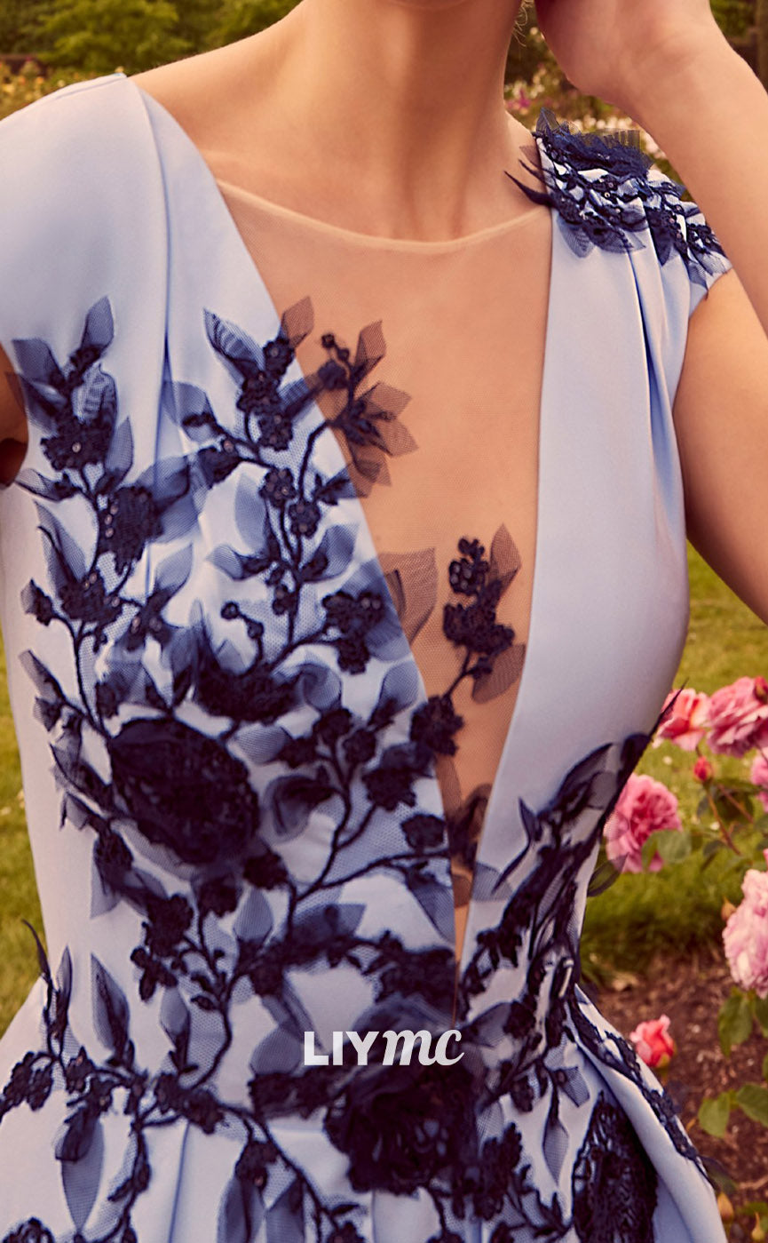 M1148 - V-Neck Sleeveless Appliques A-Line Pleated Mother of Bride Wedding Guest Dress